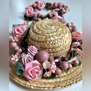 victorian flower wreaths Satin ribbon roses, pinks & green 5 1/2" Set of 2 &hat